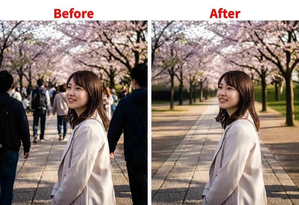 桜写真の不要な人物やものを消す前後の比較画像