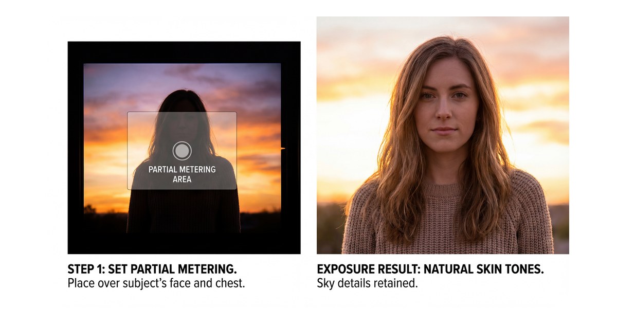 partial metering backlit portrait example at sunset