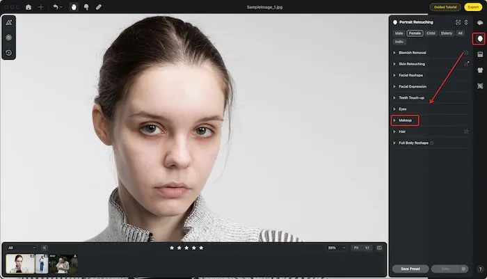 Navegação até o painel de maquiagem para adicionar sardas à foto