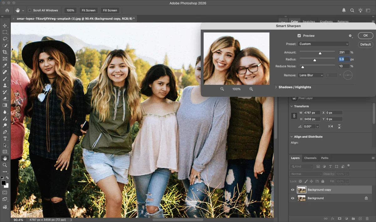 Ajustar Amount e Radius no Photoshop para controlar a nitidez