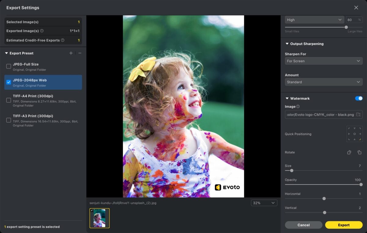 Adjust placement size and opacity then export the image with the watermark applied
