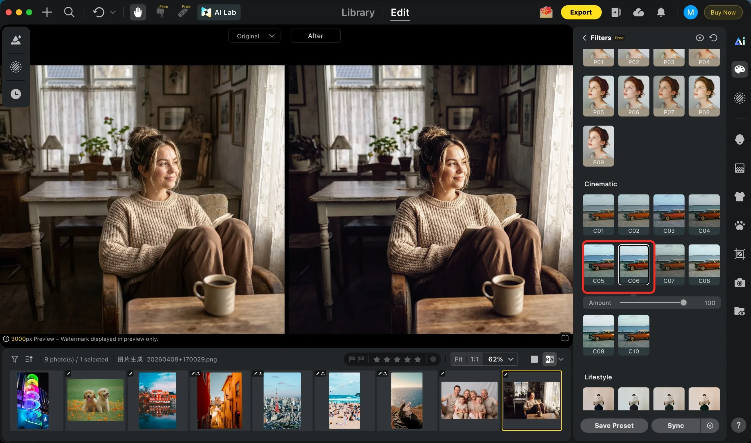 Selección de un preset vintage en Evoto para definir el tono retro