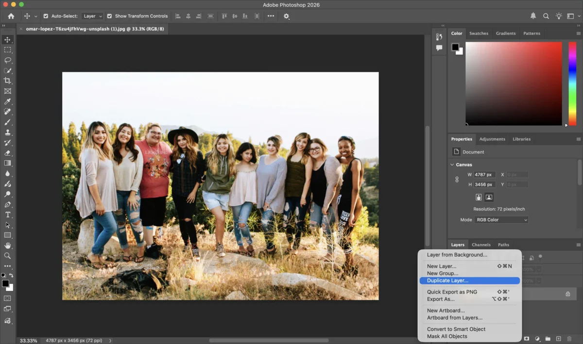 Duplicar camada no Photoshop antes de aplicar nitidez