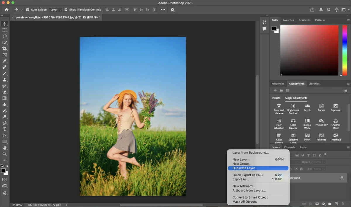 Duplicar la capa antes de mejorar una foto borrosa