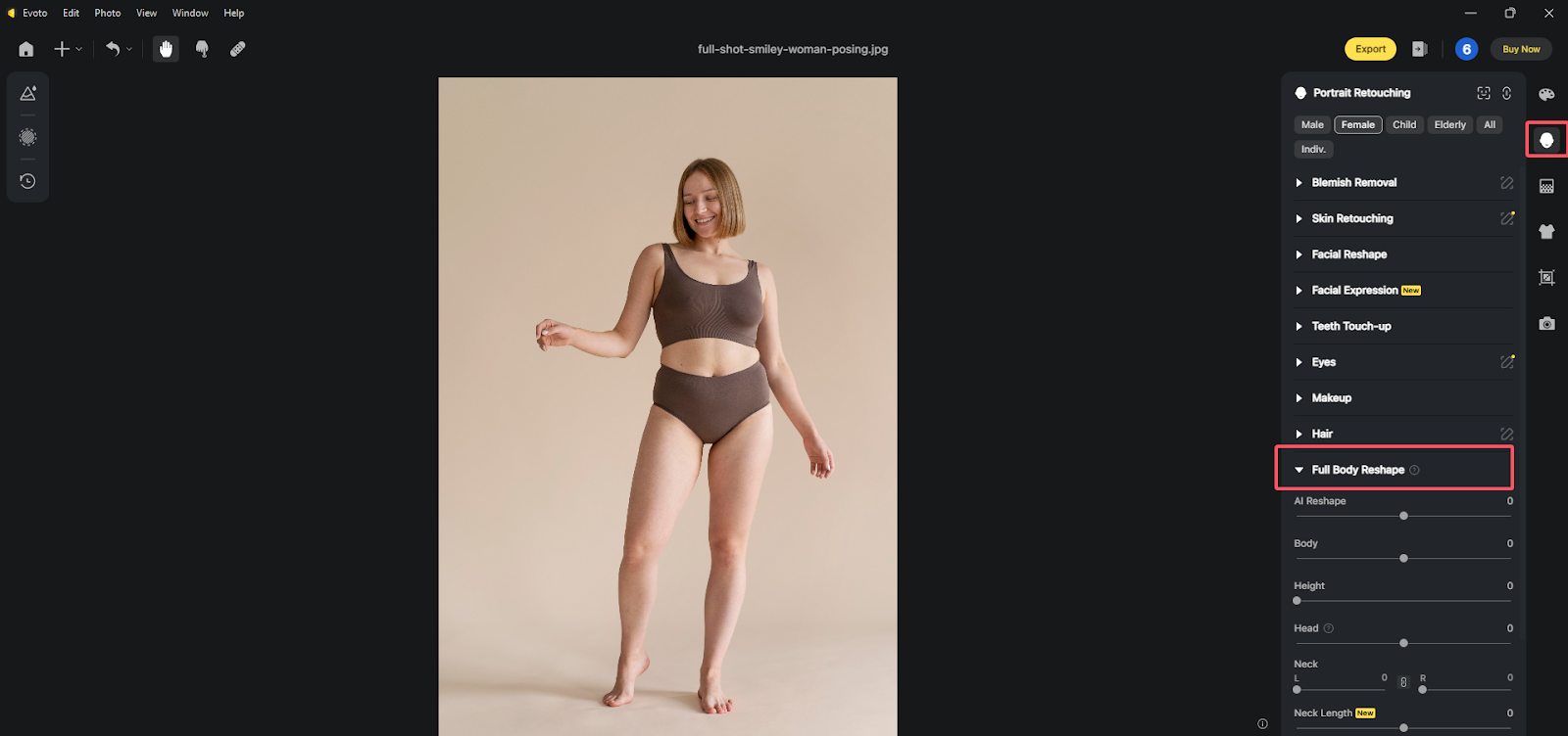 Ferramenta de remodelagem corporal completa no Evoto AI