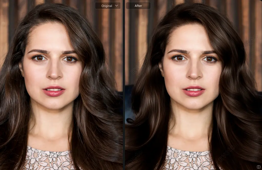 Fluxo completo de edição de cabelo com resultado antes e depois