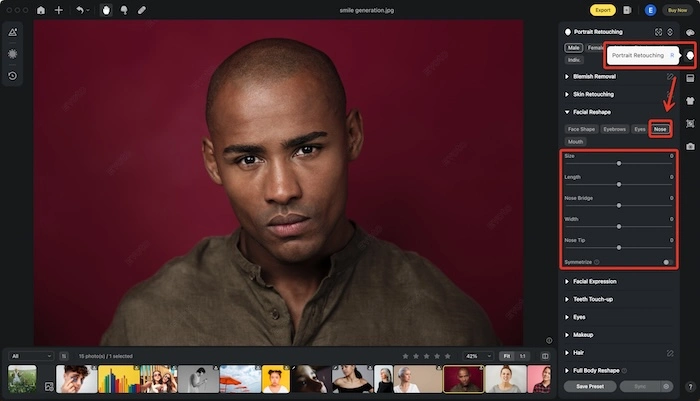 Painel do editor de nariz no Evoto Desktop