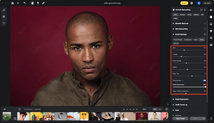 Edição do nariz com sliders de largura e ponta no Evoto