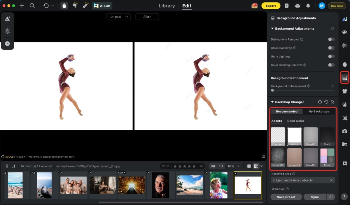 Open the background replacement module and apply a background