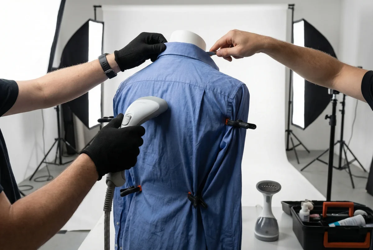 Fotógrafo ajustando una camisa sobre un maniquí fantasma antes de disparar