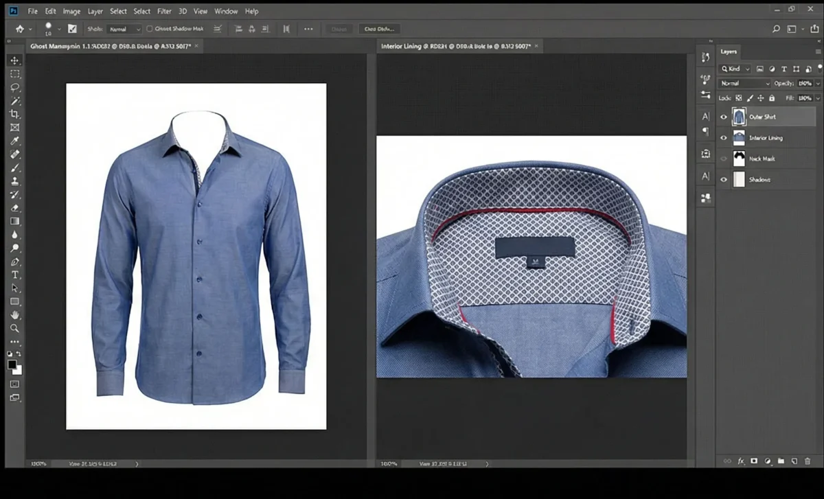 Documento de Photoshop con la vista exterior y el tejido interior alineados para el efecto de maniquí fantasma
