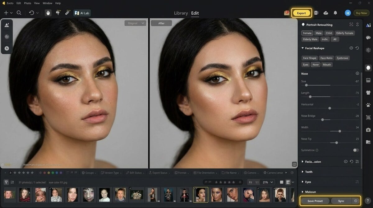 Preset Sync and Export narrow nose retouching