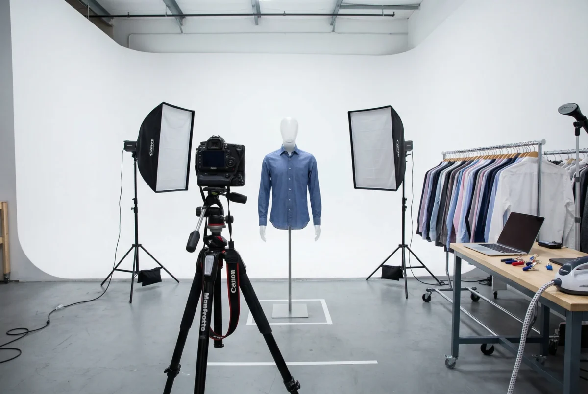 Set de fotografía ecommerce con una camisa en maniquí, cámara fija en trípode y fondo blanco
