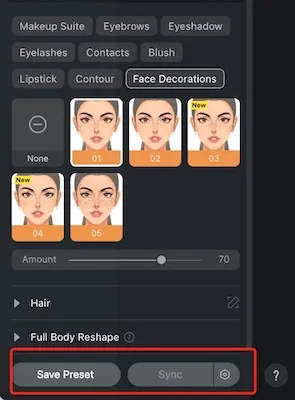 Salvar preset e sincronizar sardas em várias fotos