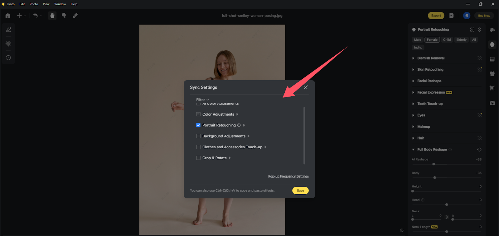 Salvar ajuste de afinar pernas como preset no Evoto