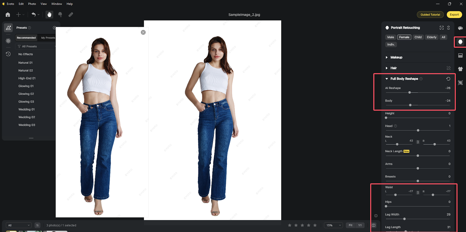 Ajuste de largura e comprimento das pernas no Evoto AI