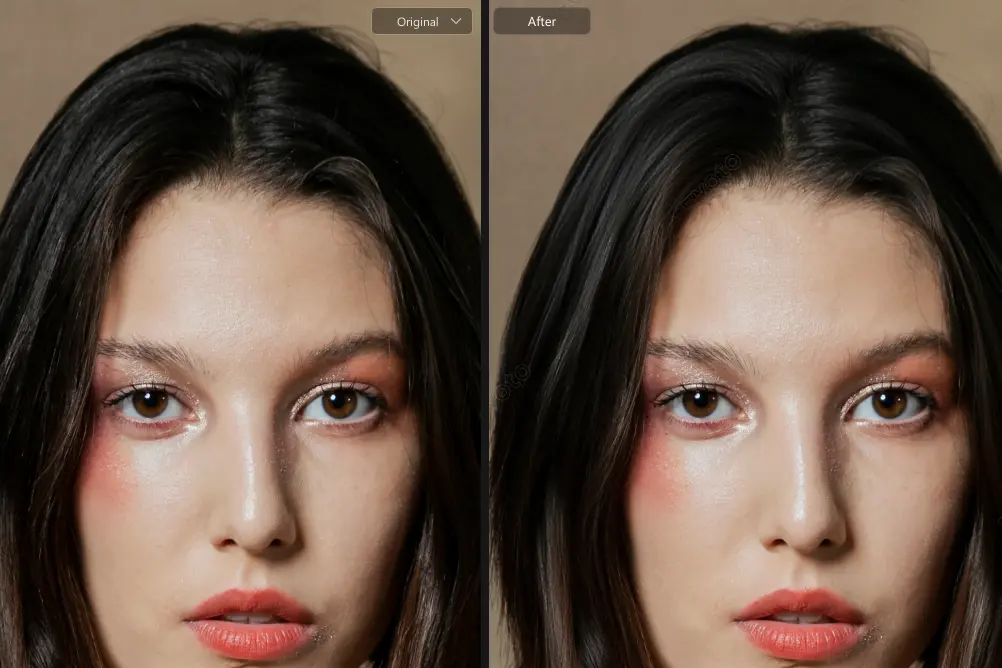 Comparação antes e depois ao suavizar cabelo com IA