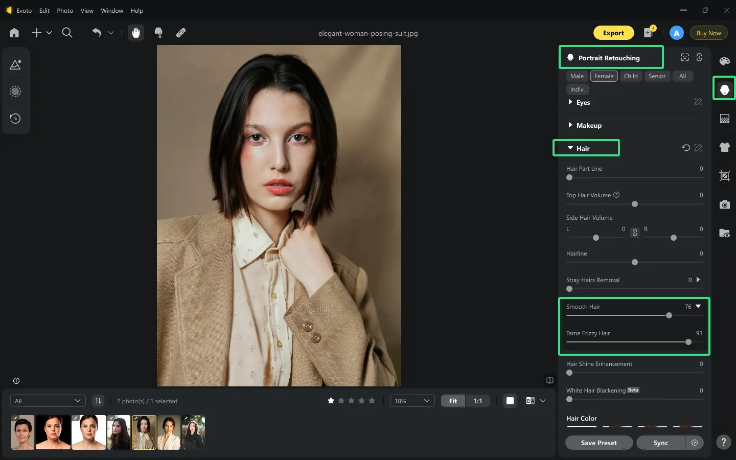 Painel de ajuste para suavizar cabelo e reduzir frizz