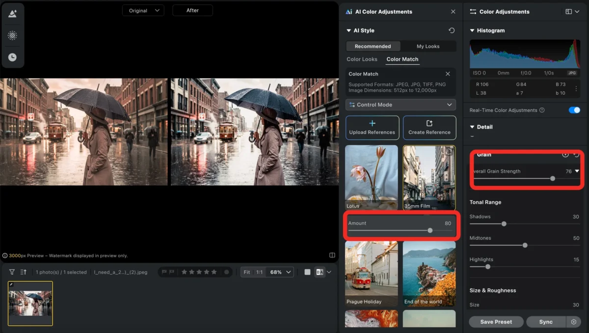 Ajustes de grão e acabamento para reforçar o visual de filme 35mm