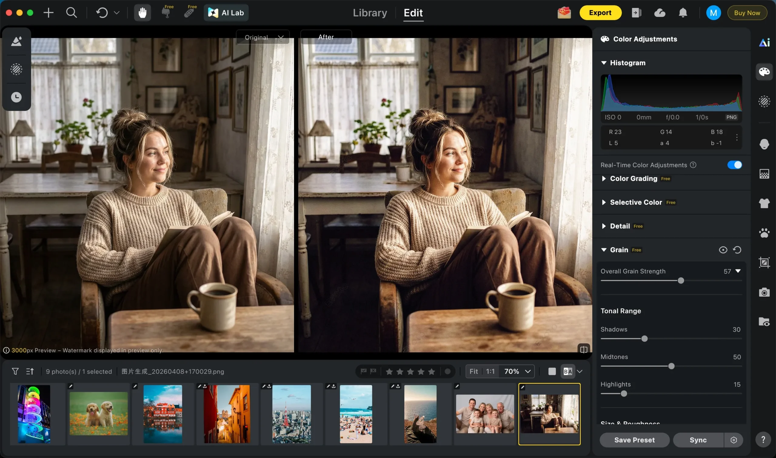 Ajustes de contraste, color y grano para refinar un efecto vintage en Evoto