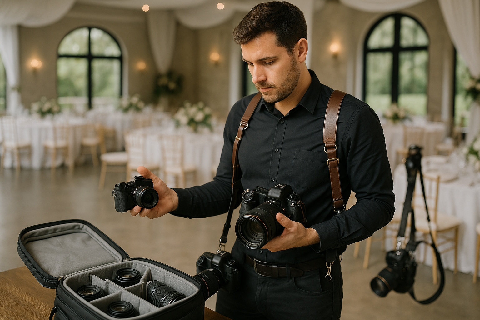 Fotógrafo de bodas comparando cuerpos y lentes antes de una cobertura