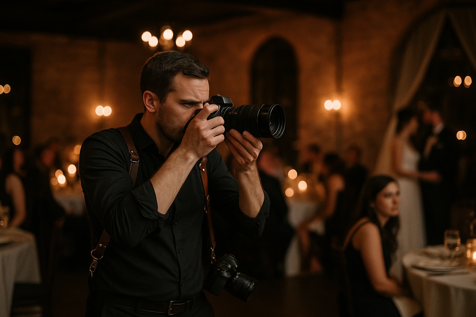 Fotógrafo de bodas trabajando en una recepción oscura con dos cámaras