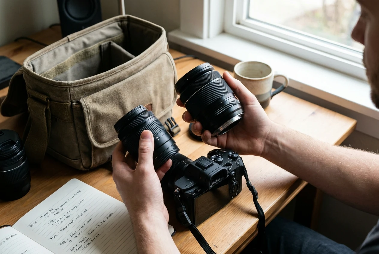 Photographer comparing a small kit lens with a more serious standard zoom before deciding whether the upgrade is worth carrying