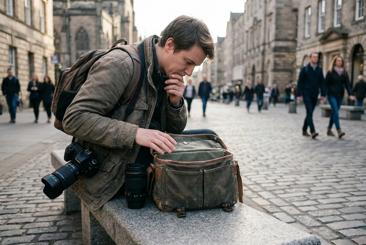 Photographer choosing between two standard zoom lenses on location based on range, speed, and portability