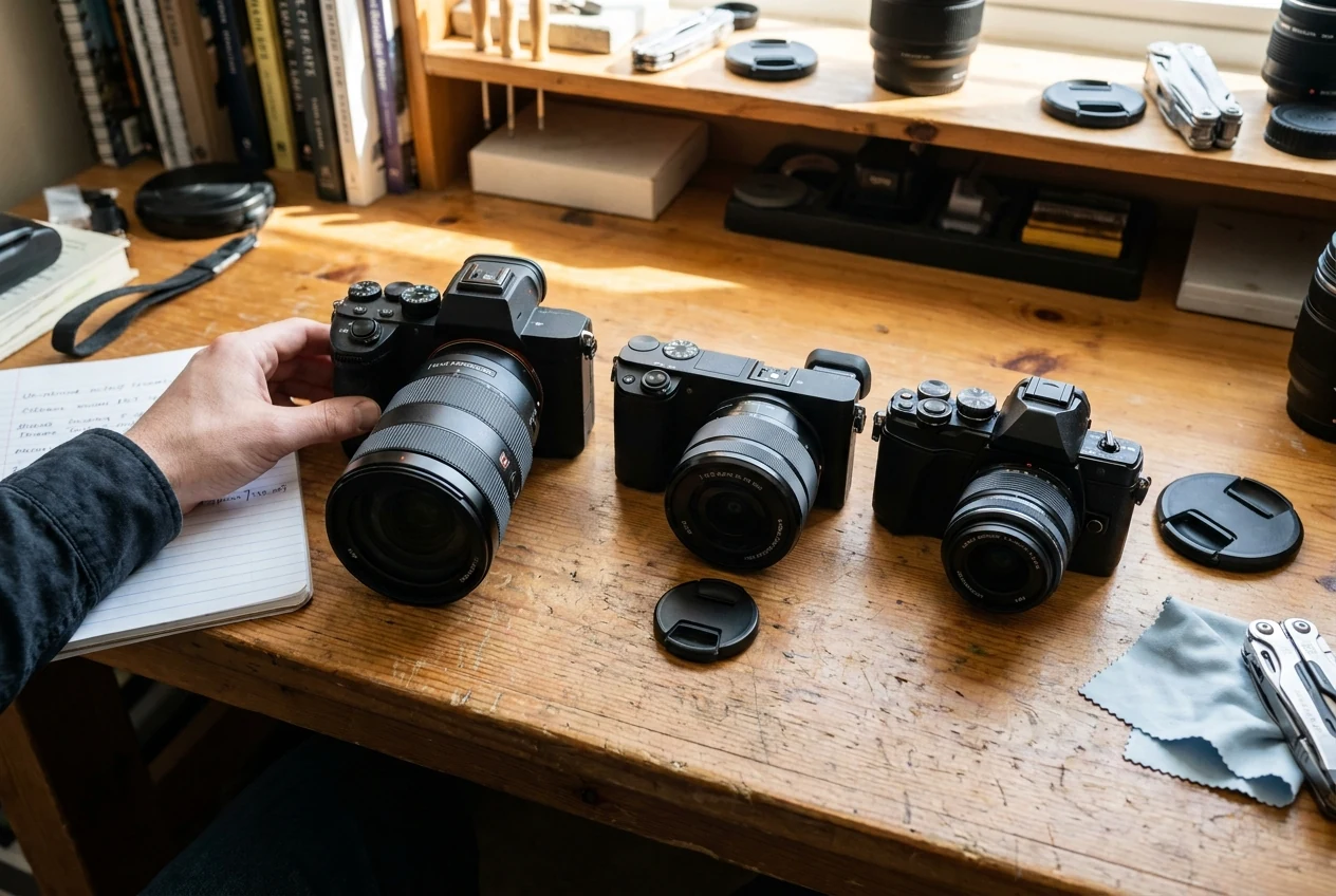 Three mirrorless camera kits showing how full-frame, APS-C, and Micro Four Thirds standard zoom lenses differ in real size and range