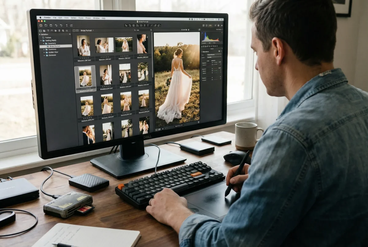 Photographer reviewing selected wedding portraits at a desk to keep editing decisions consistent.