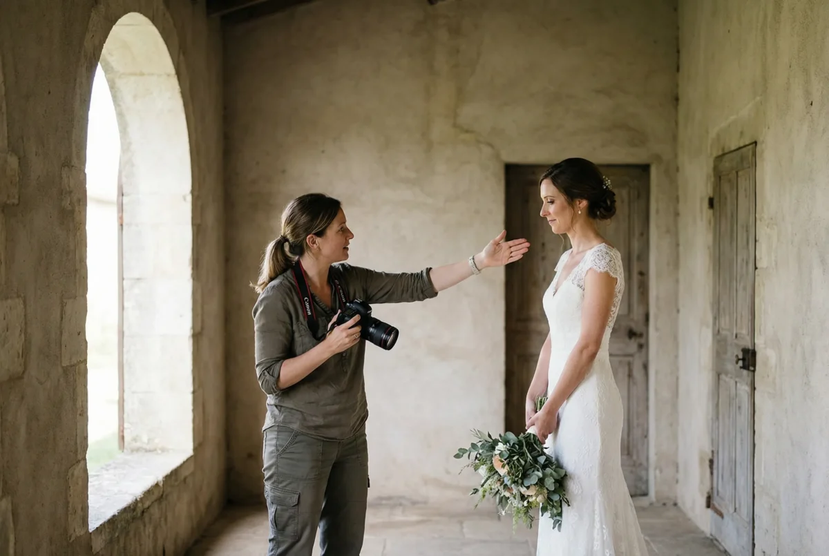 Photographer giving a short wedding-day posing cue while the bride responds in a clean stable-light setup