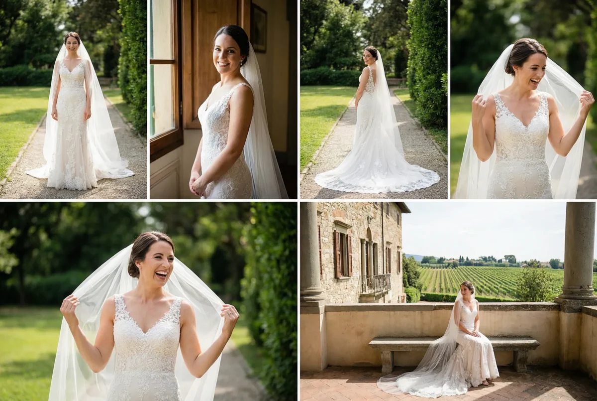 Checklist visual de retratos de novia con plano completo, medio giro y movimiento
