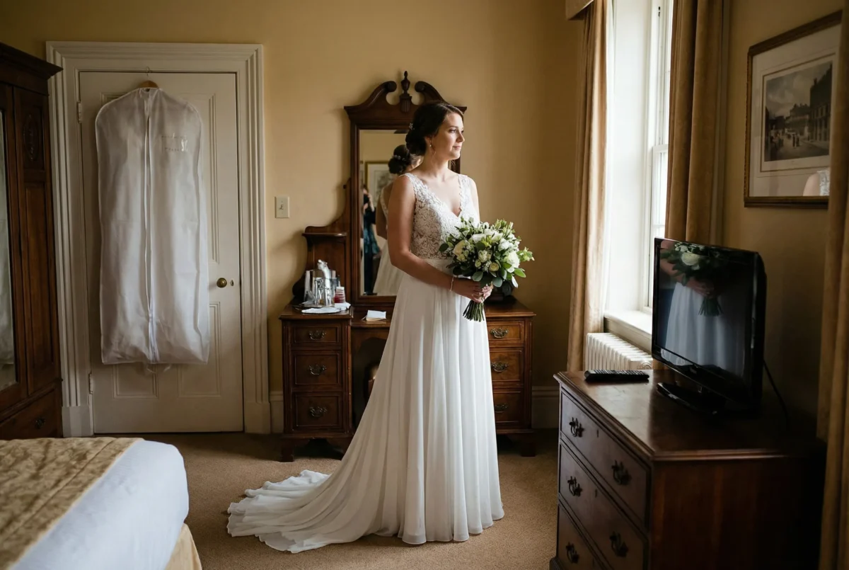 Window-side bridal portrait in a real getting-ready room with readable dress shape, bouquet placement, and delivery-focused coverage