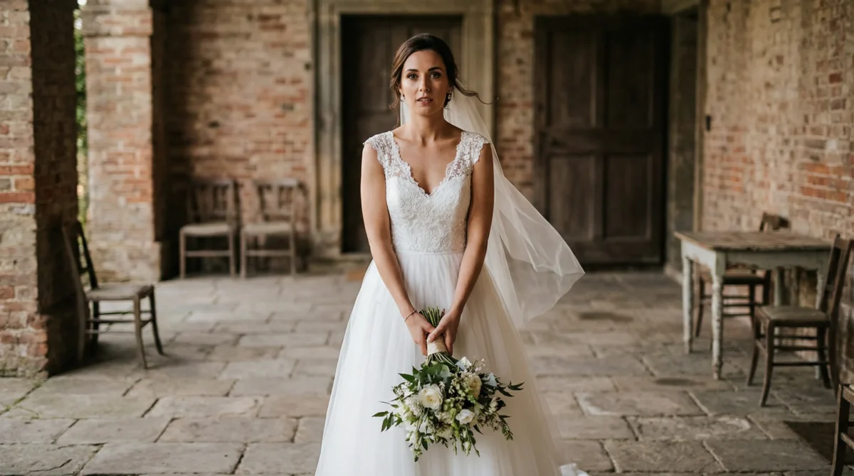 Retrato de novia en un espacio de preparación con vestido, ramo y fondo limpio