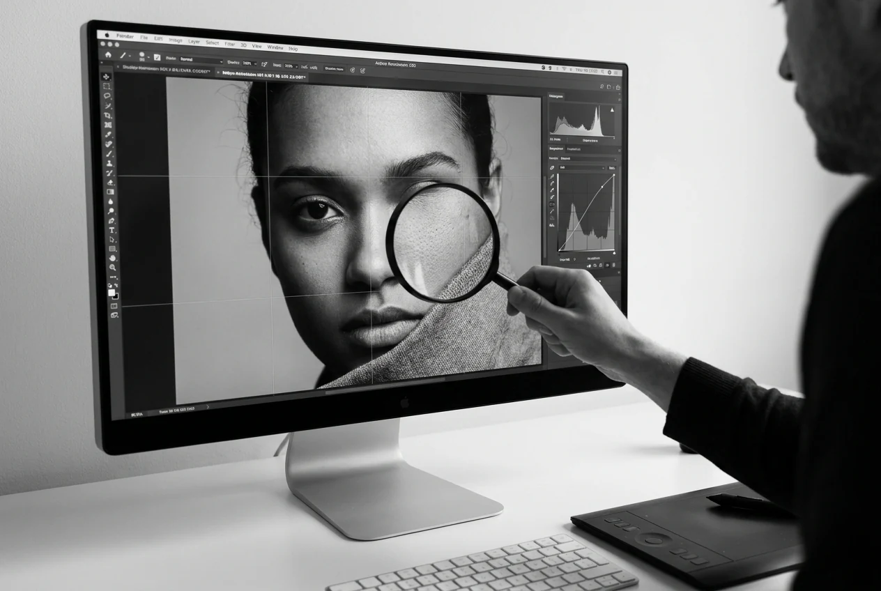 Retrato en blanco y negro revisado por detalle facial bordes de ropa y claridad tonal antes de convertirlo a color