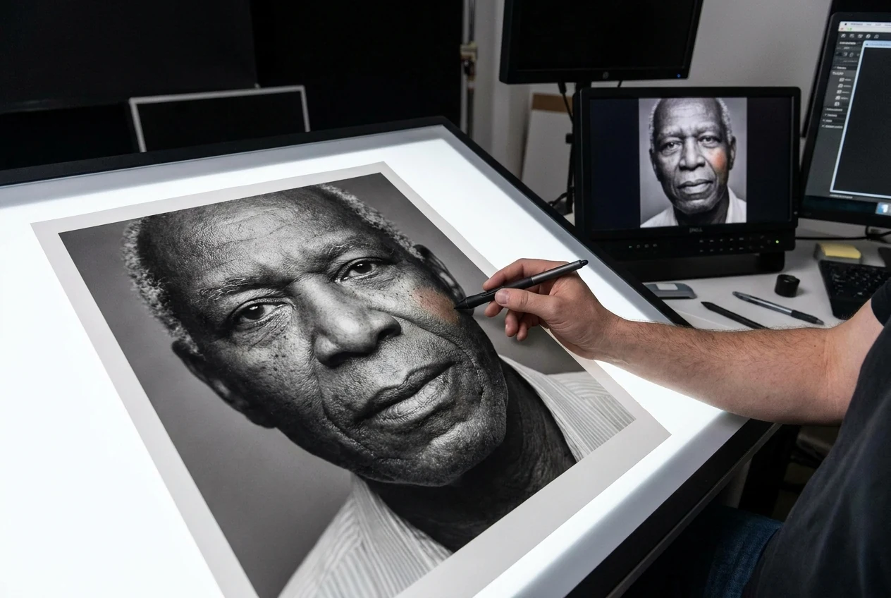 Retrato en blanco y negro evaluado antes de añadir color para comprobar si puede sostener una colorización creíble