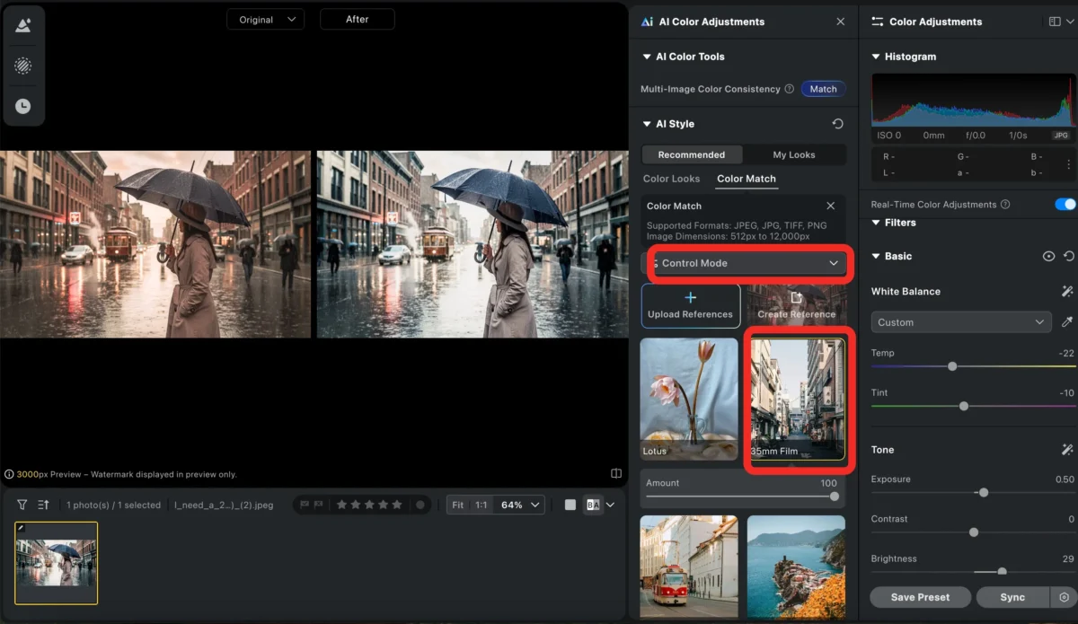 Escolha de preset 35mm no Evoto para iniciar o efeito