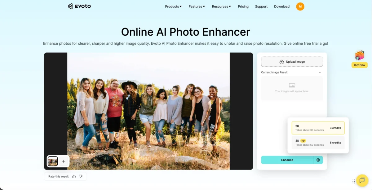 Escolher qualidade de saída no Evoto antes de aprimorar a foto