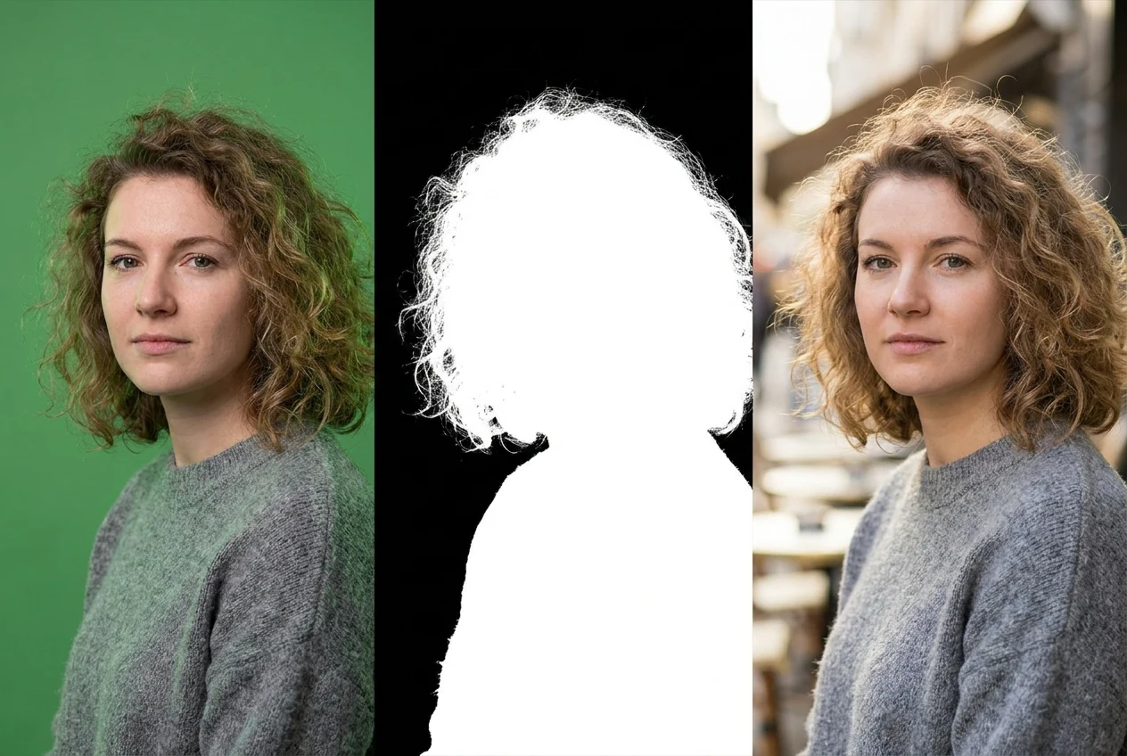 Still image editing example showing a subject separated from an evenly lit green screen with attention on hair edges and spill risk