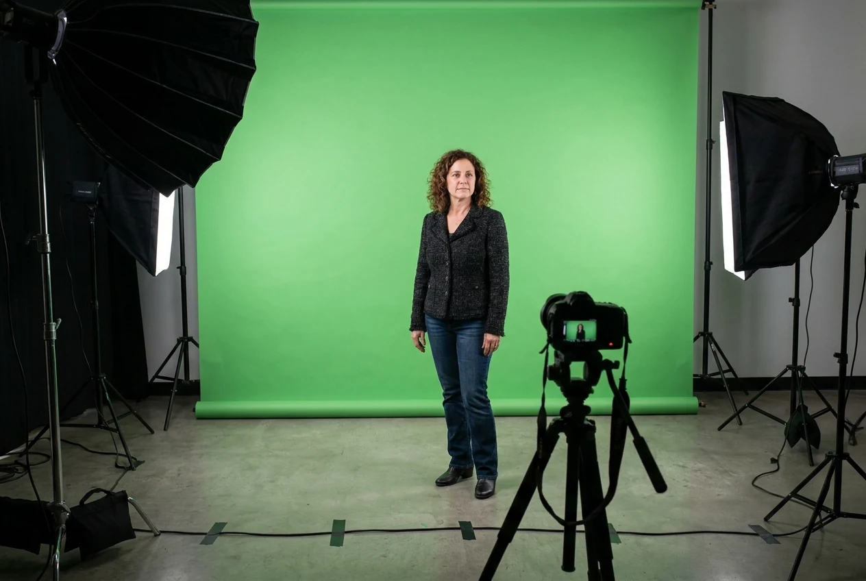 Non-Asian studio subject standing away from a cleaner green screen with readable edge detail to show how to capture a better source photo before editing