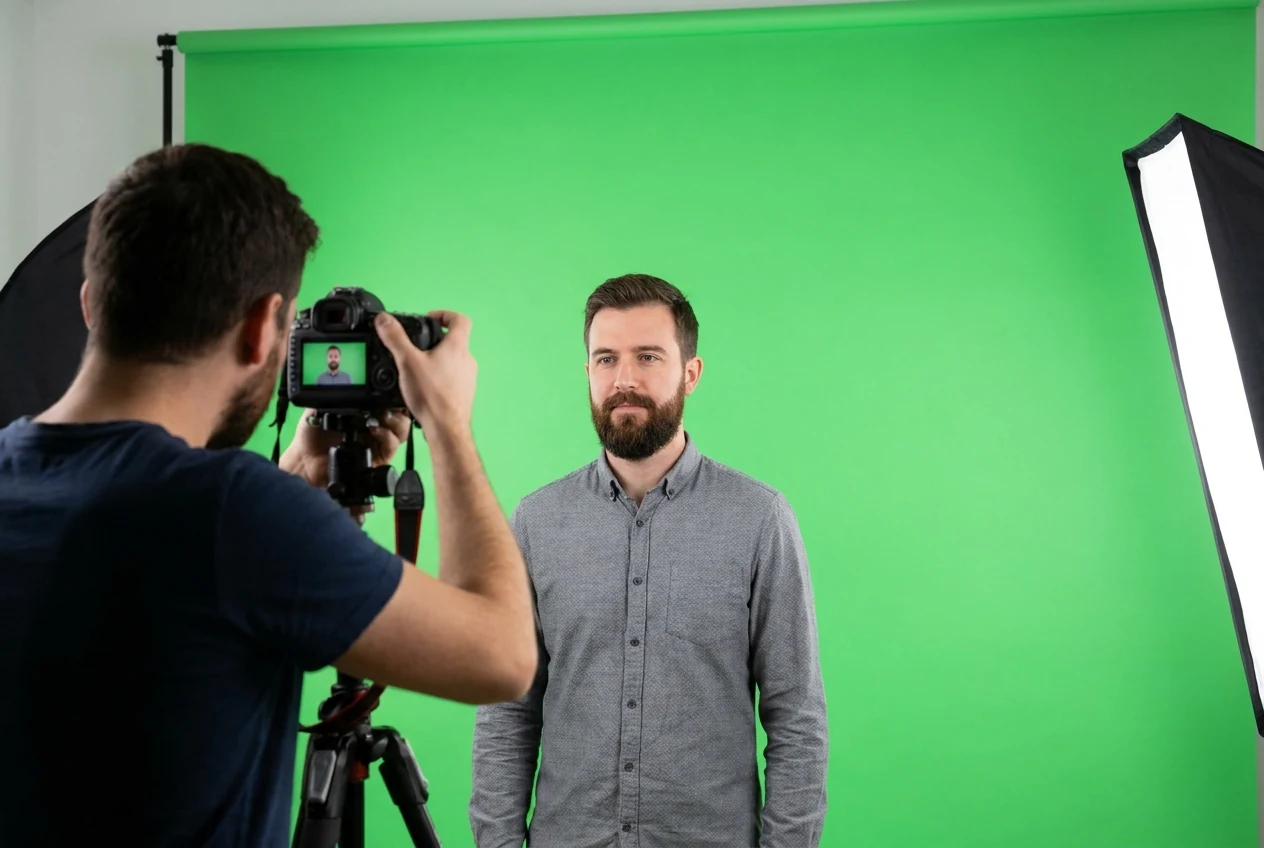 Still-photo green screen portrait setup with one subject clearly separated from an evenly lit screen to show what chroma key online means for photos