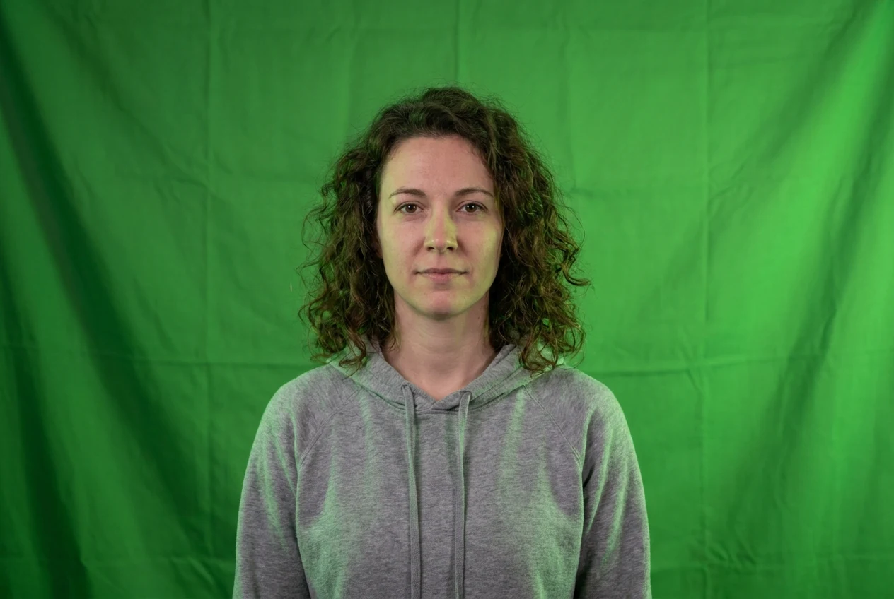 Green screen portrait with obvious spill, weak hair edges, and uneven background tone to show the kinds of cutout problems that make photo chroma key fail