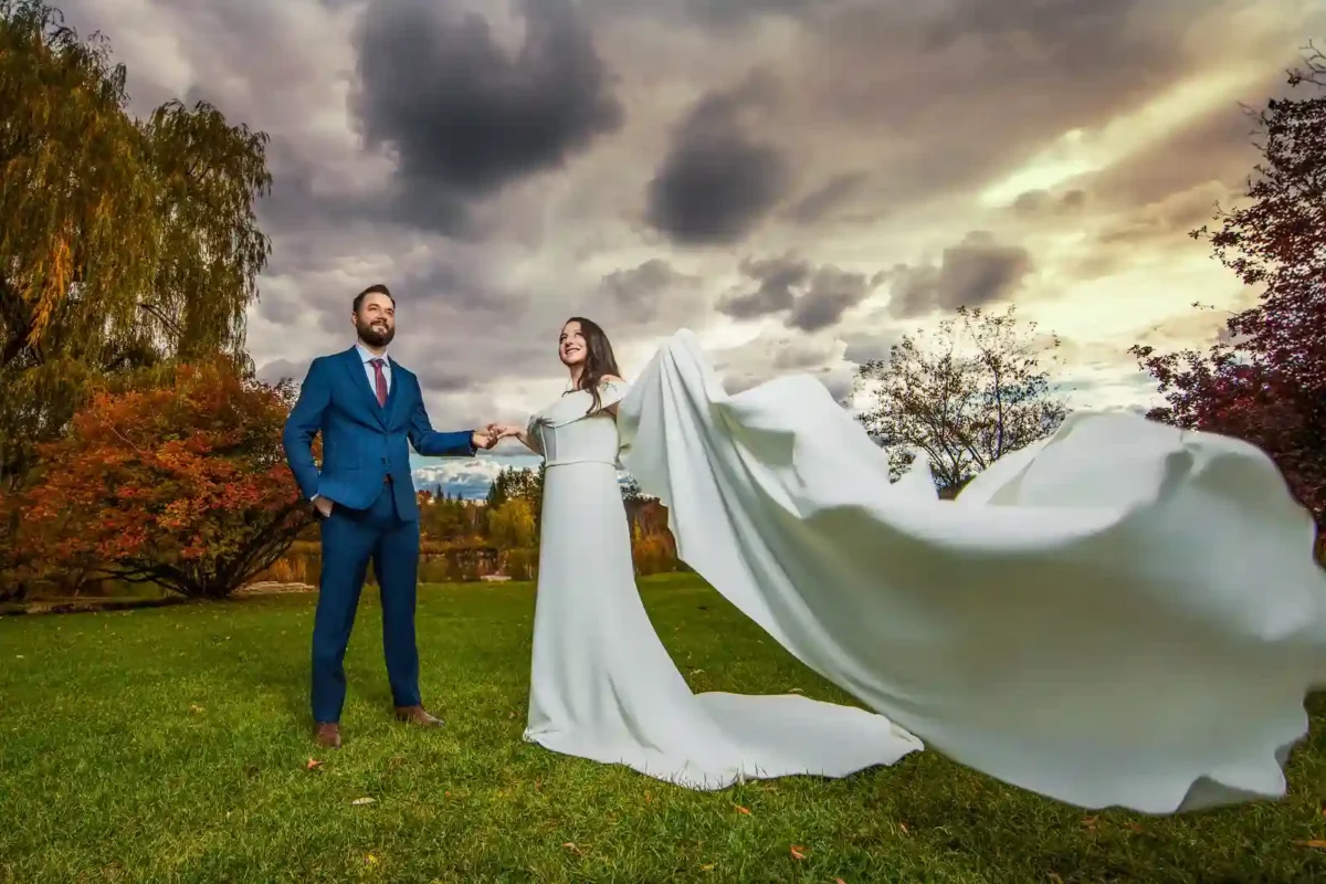 Cinematic wedding photo after retouching with Evoto