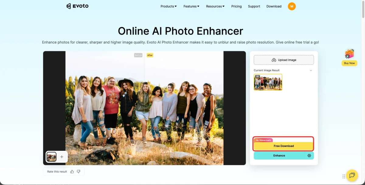 Baixar imagem restaurada no Evoto depois do processamento com IA