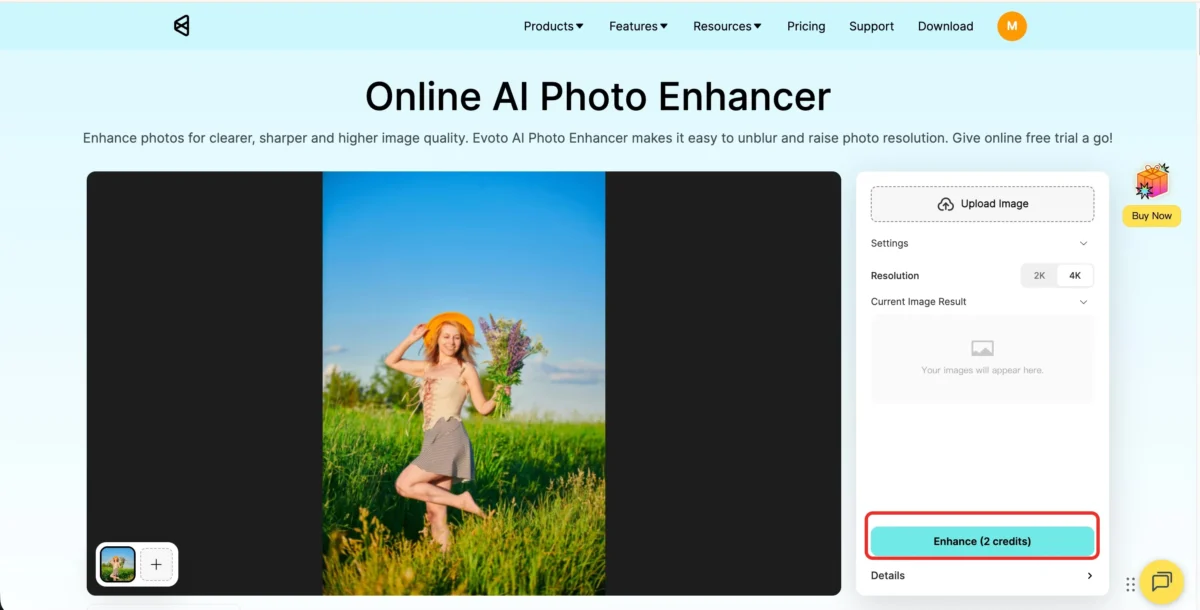 Aplicar mejora con IA para aclarar una imagen borrosa en Evoto
