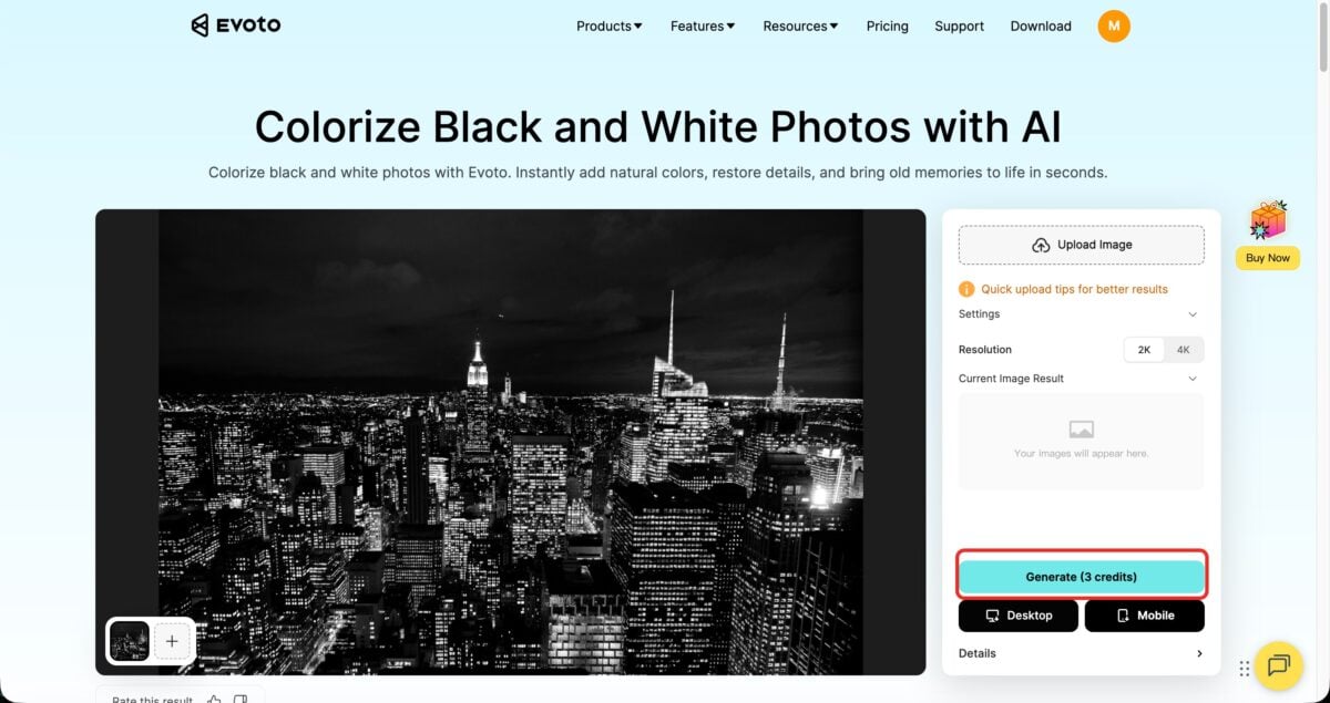 click generate to colorize black and white photo