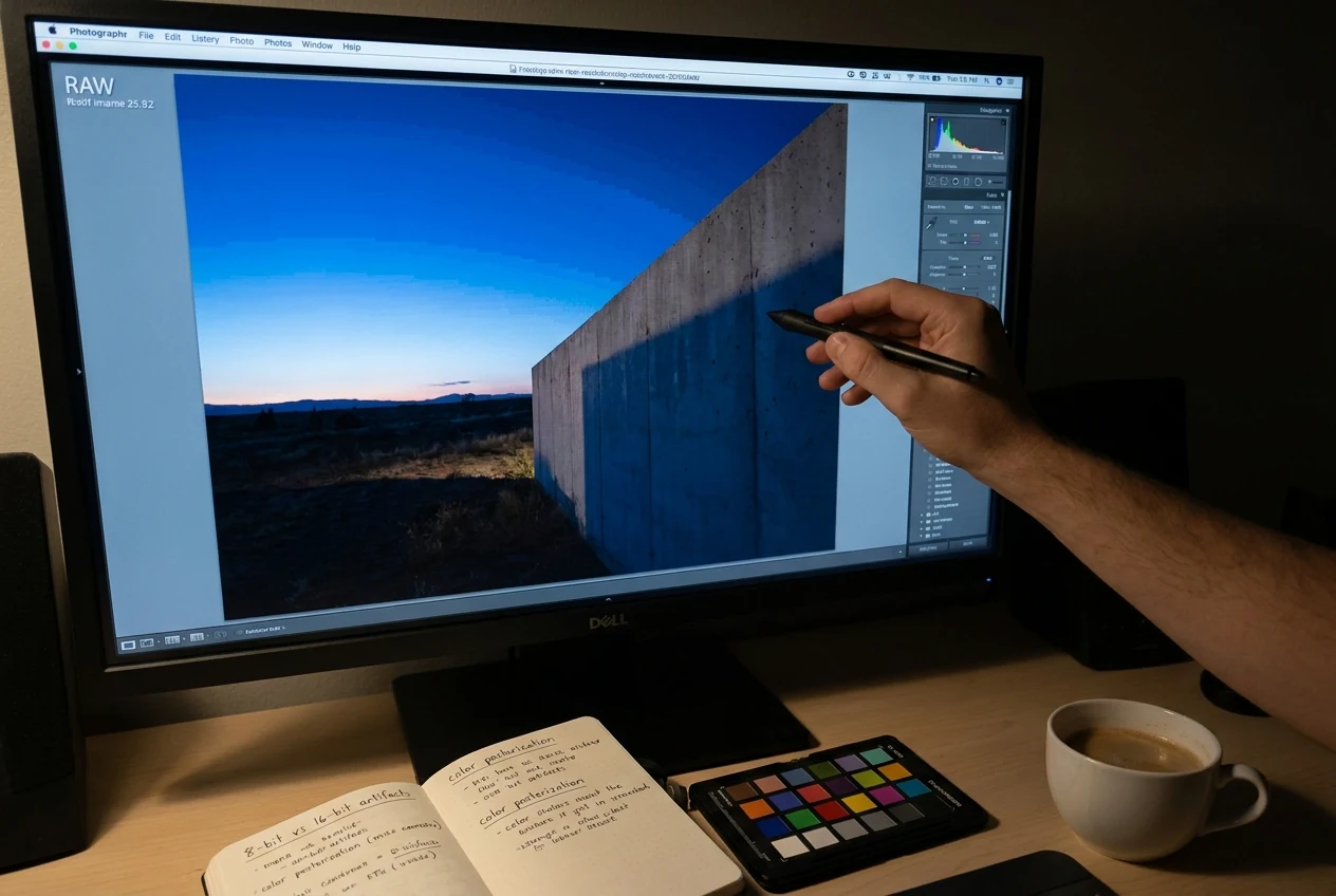 Editing review scene where banding and rough tonal transitions in a sky, wall, or shadow area reveal that bit depth is becoming a real problem