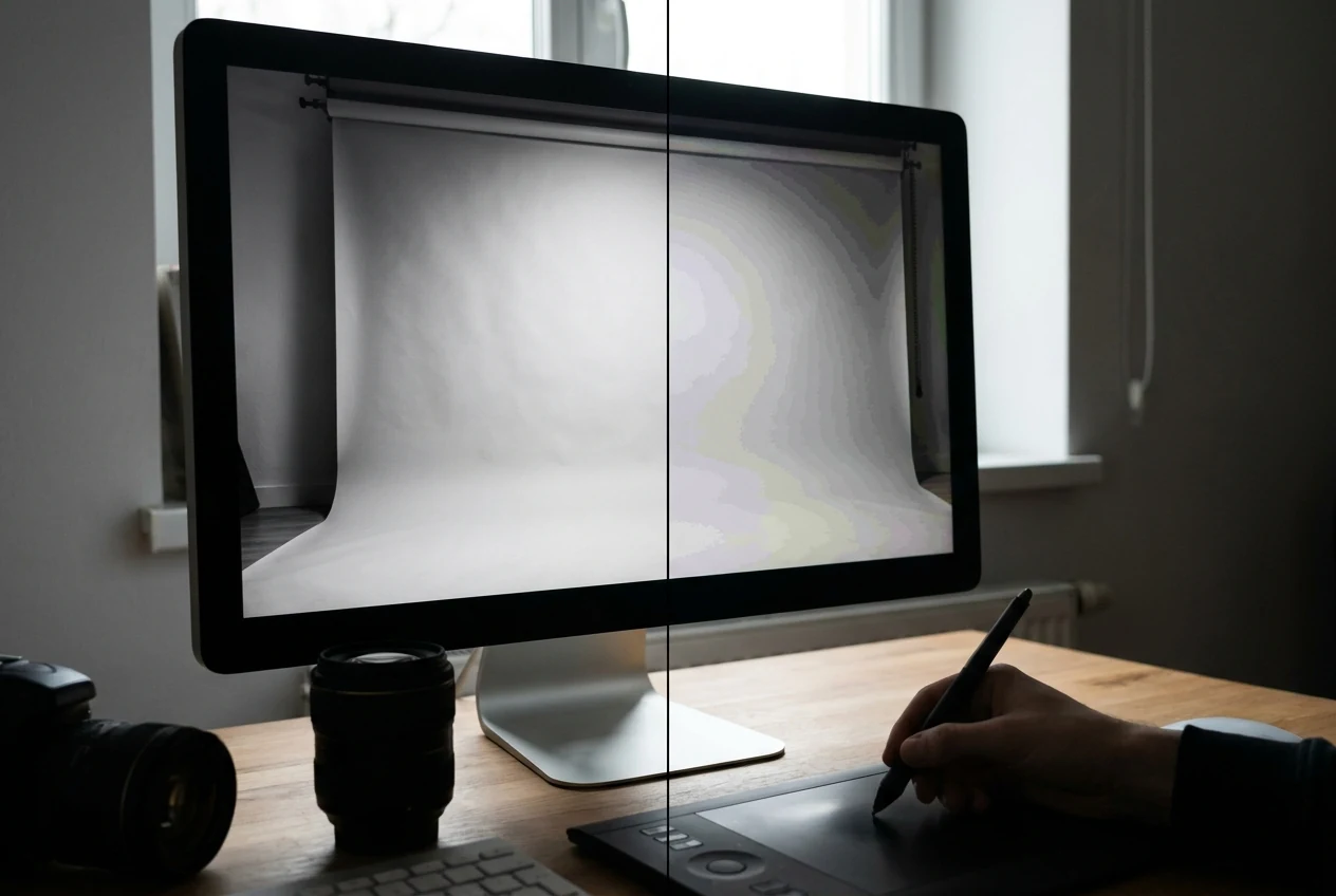 Gradient comparison image showing a cleaner tonal transition on one side and visible stepping on the other to explain color bit depth in practical terms