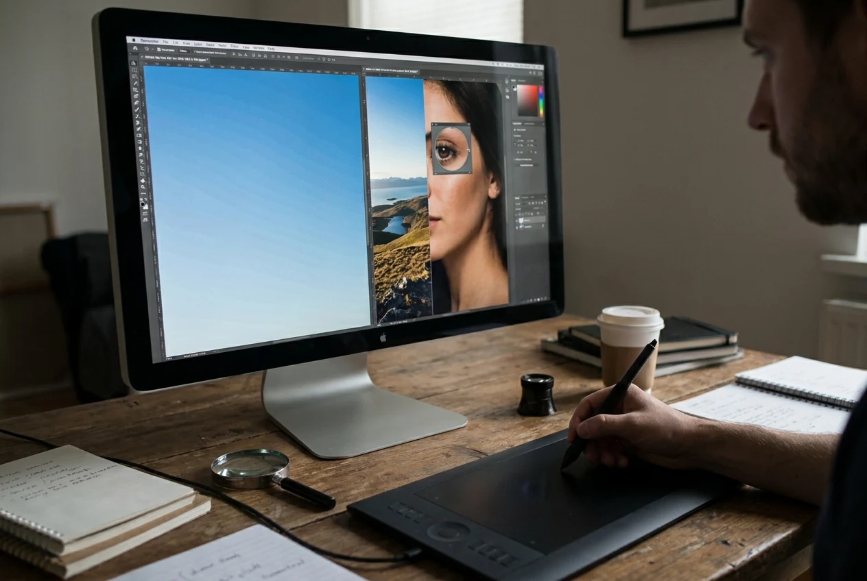 Editing judgment scene where skies and skin are checked closely for banding and broken tonal transitions before the image is pushed further