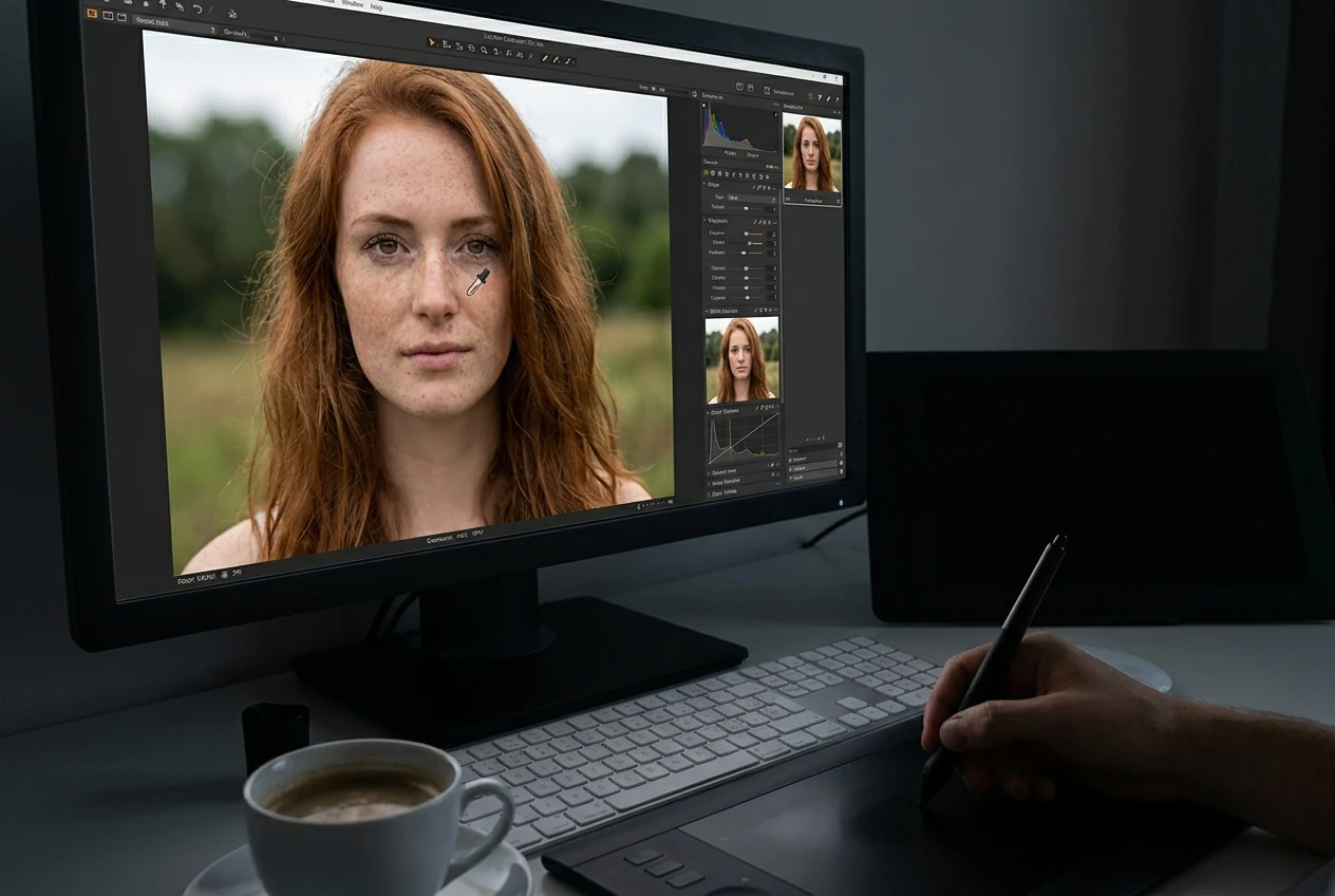 Editing scene showing a still photo being balanced for white balance, exposure, and skin tone before any stylized look is added